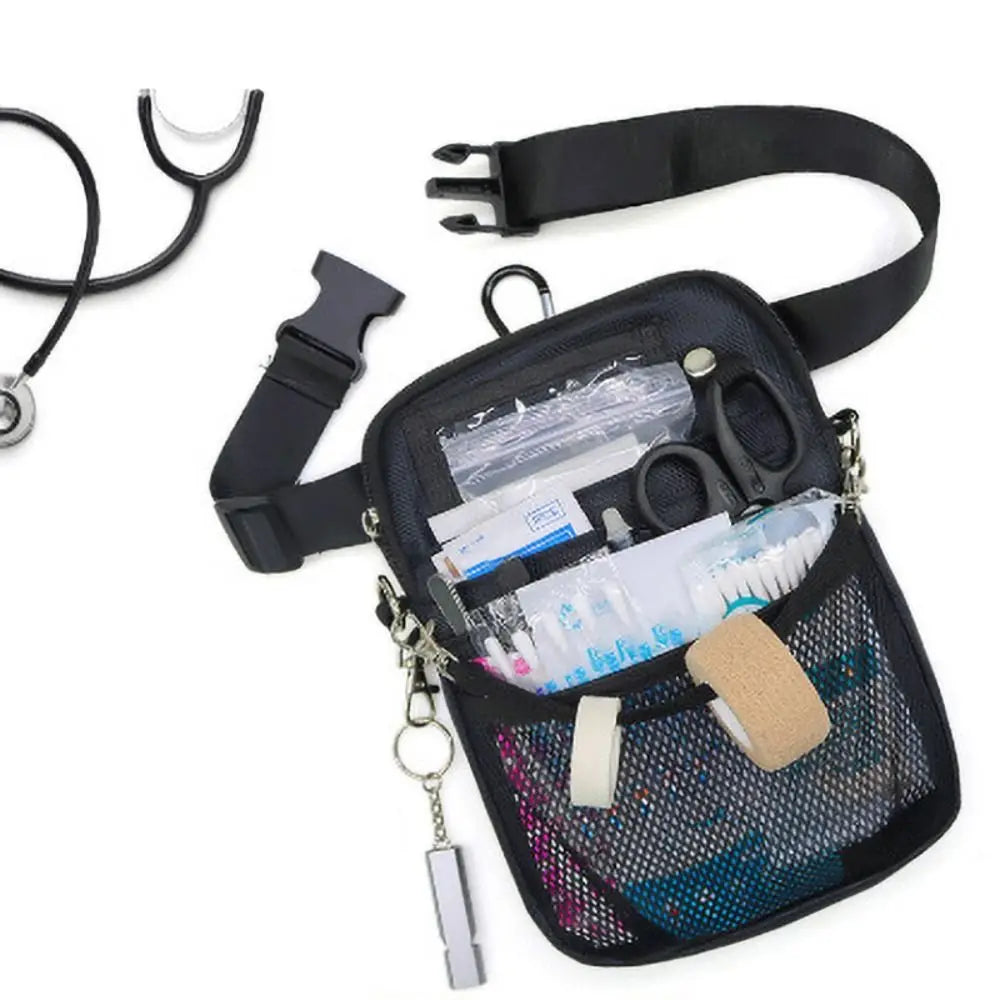 Black multi-pocket crossbody fanny pack designed for nurses with a detachable strap and included tools