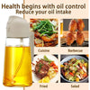 A glass oil spray bottle is shown next to various food items like barbecue, fried foods, and salad ingredients.