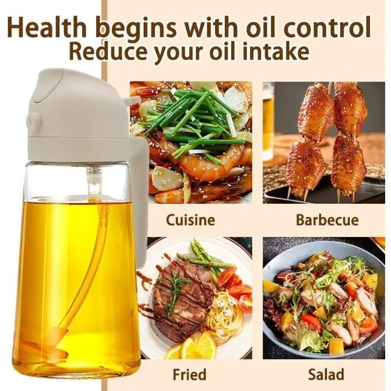 A glass oil spray bottle is shown next to various food items like barbecue, fried foods, and salad ingredients.