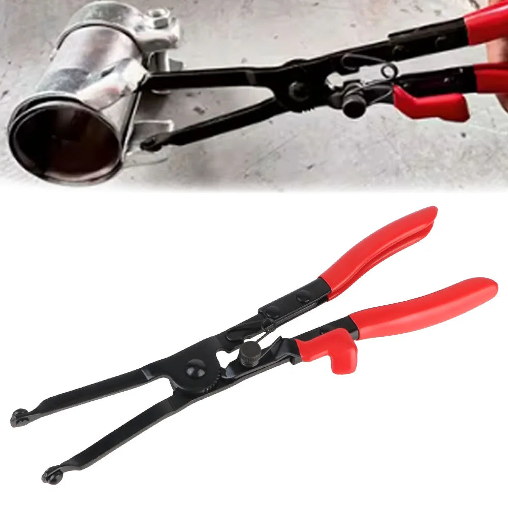 A pair of red and black pliers used for removing steel hose clamps in automotive repair.