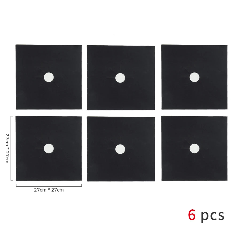 Six black square mats with white circular protectors for a gas stove.