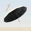 A black and beige windproof travel umbrella is shown open against a light background.