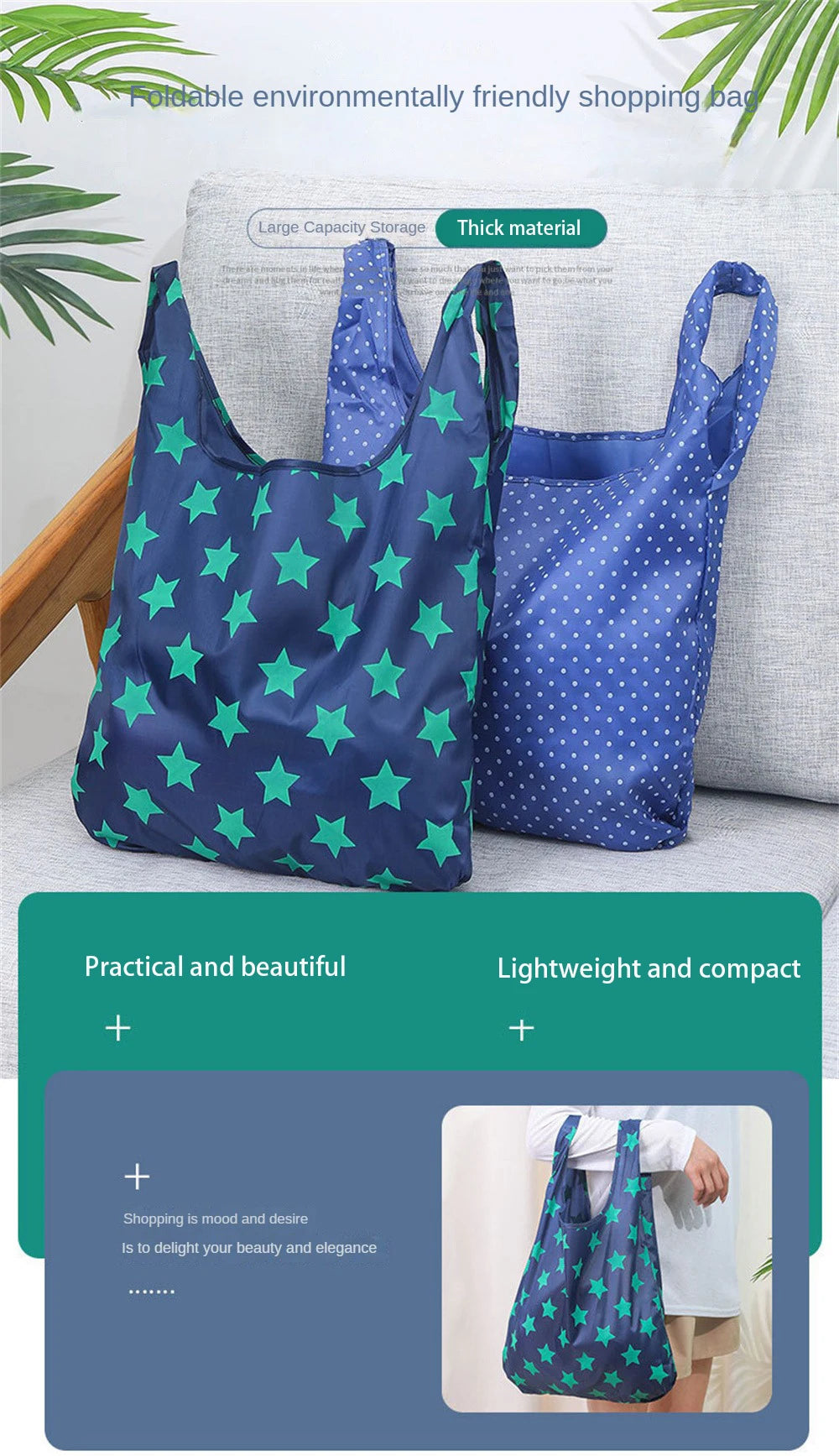 A dark blue shopping bag with a star pattern is shown next to a light gray surface, highlighting its foldability and material