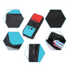 A set of three black gaming console backpacks, including a main backpack, a lunch bag, and a pencil case.