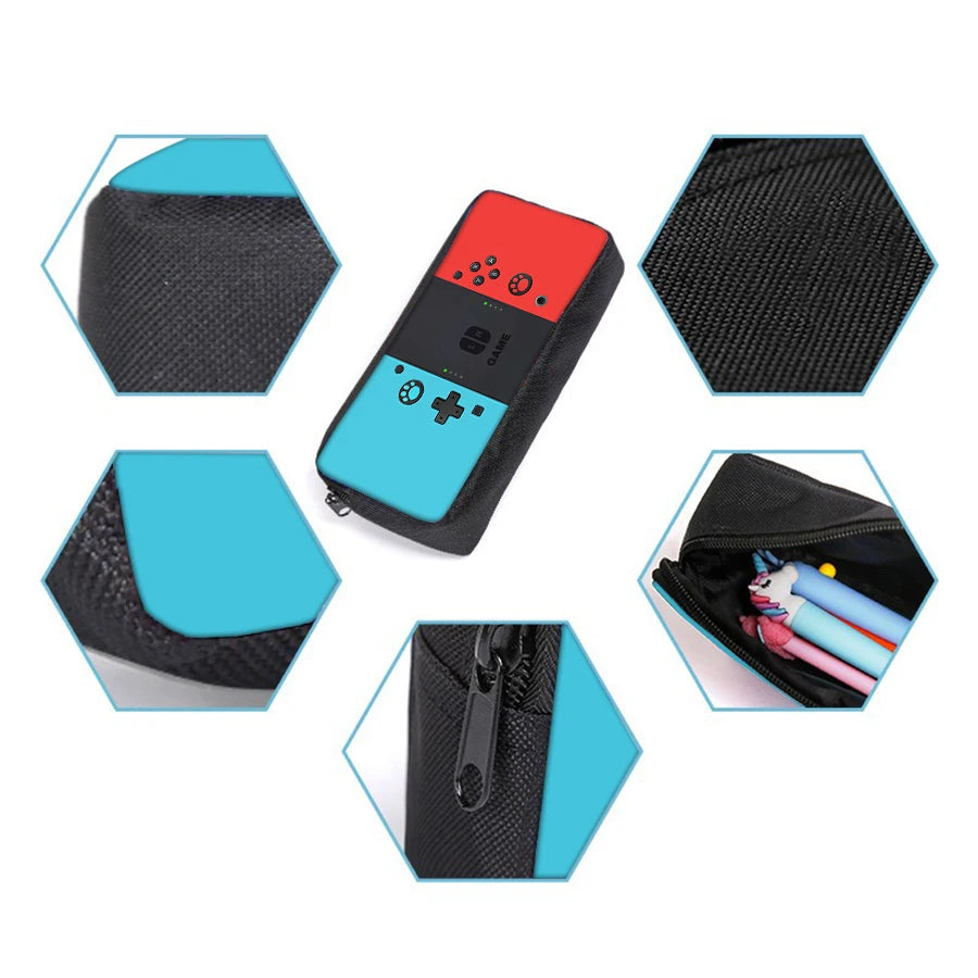 A set of three black gaming console backpacks, including a main backpack, a lunch bag, and a pencil case.
