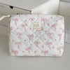 Pink Bow Plaid Quilted Cosmetic Bag with Multiple Compartments