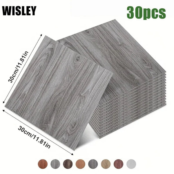 Grey wood grain peel and stick vinyl flooring tiles stacked and displayed with color options