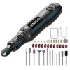 A black cordless rotary tool kit for precision engraving, sanding, and drilling tools is shown with various bits.