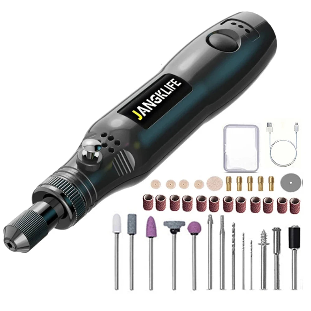 A black cordless rotary tool kit for precision engraving, sanding, and drilling tools is shown with various bits.