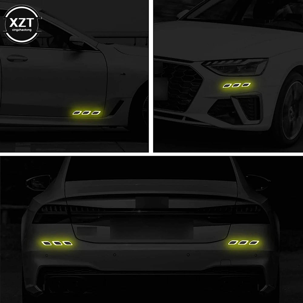 Close-up shots of reflective carbon fiber car styling strips with yellow LED lights on a white vehicle.