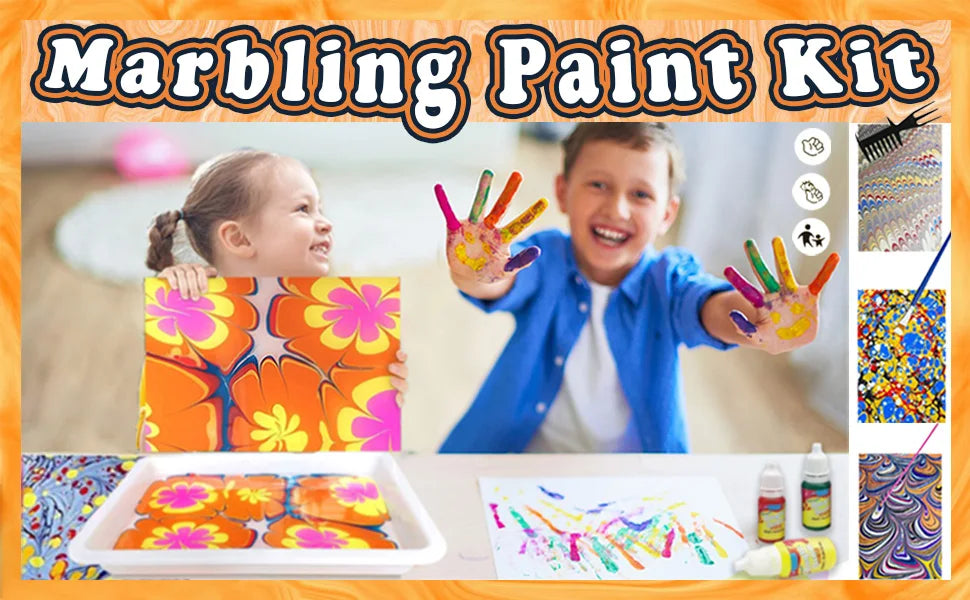 A boy and a girl are painting on paper using a marbling paint kit, showing colorful fluid art techniques.