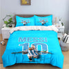 Blue duvet cover featuring a soccer player graphic with the text Messi 10