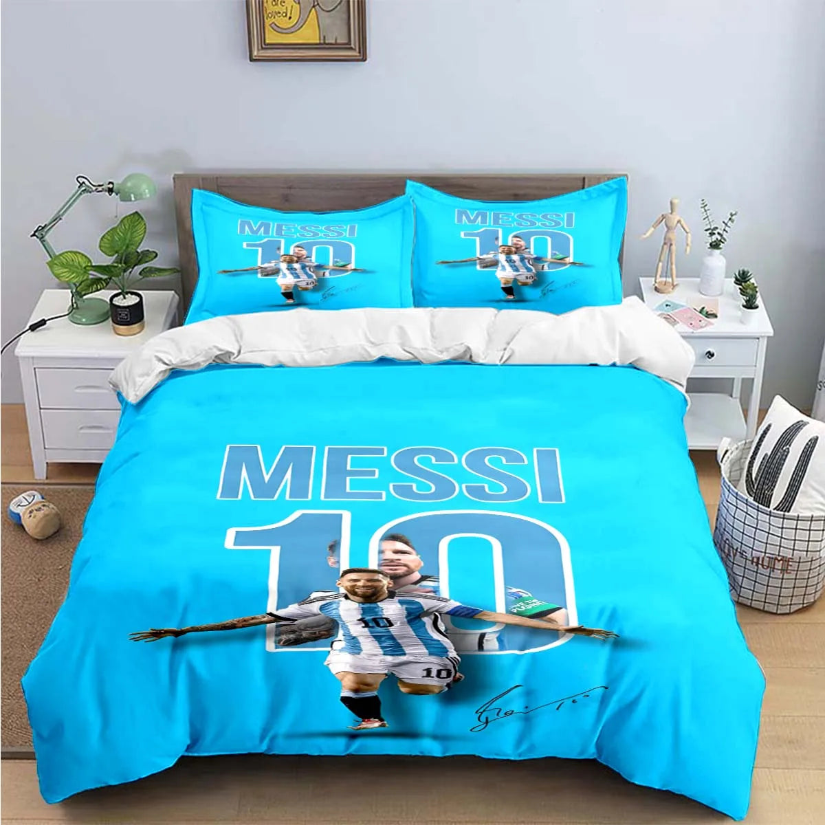 Blue duvet cover featuring a soccer player graphic with the text Messi 10
