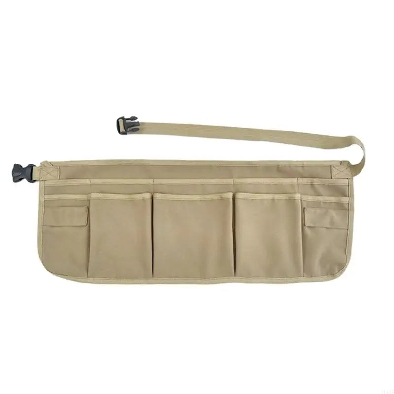 Tan heavy-duty tool apron with twelve pockets for gardening and work