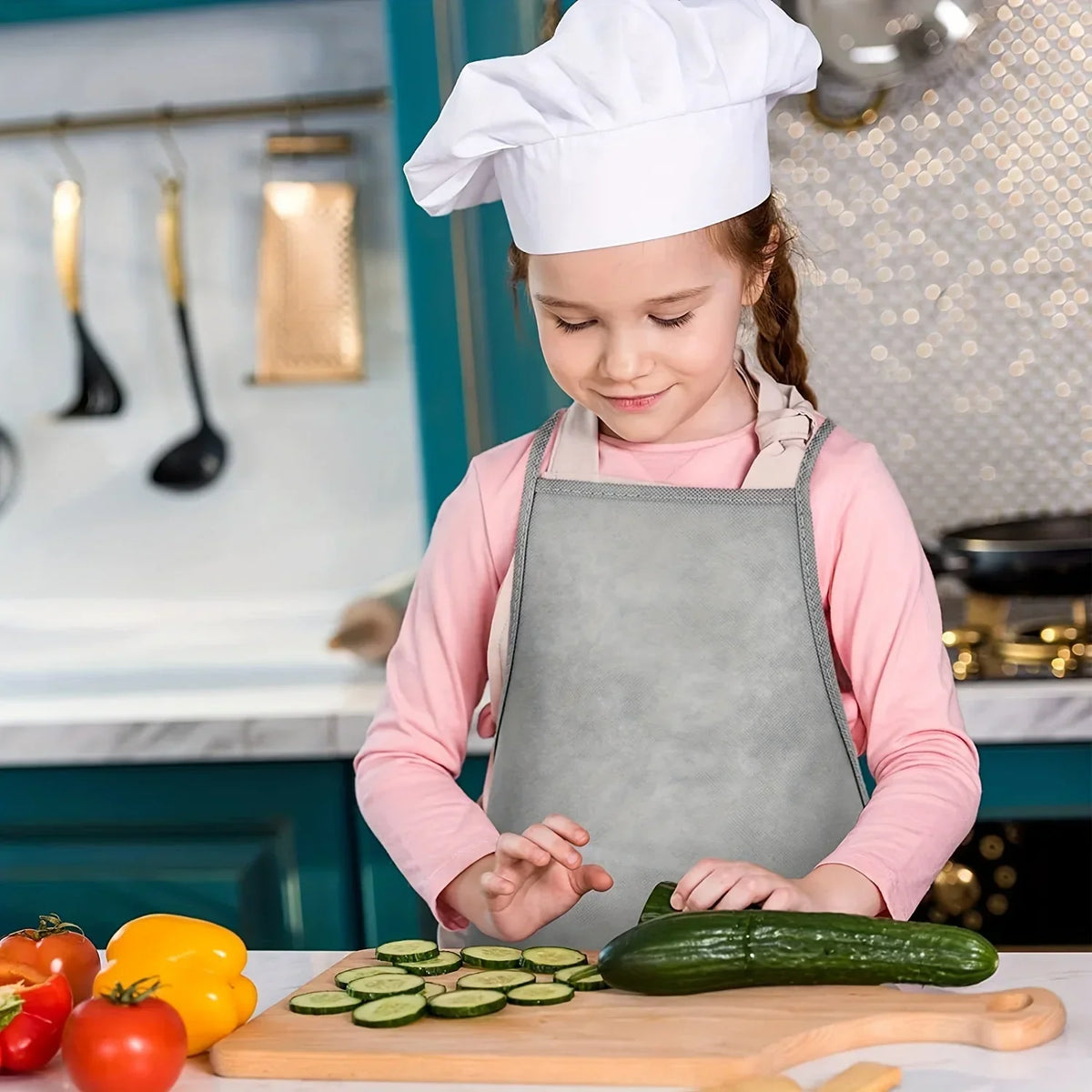 A young girl wearing a white chef hat and a gray fabric apron is preparing cucumbers on a wooden cutting board.