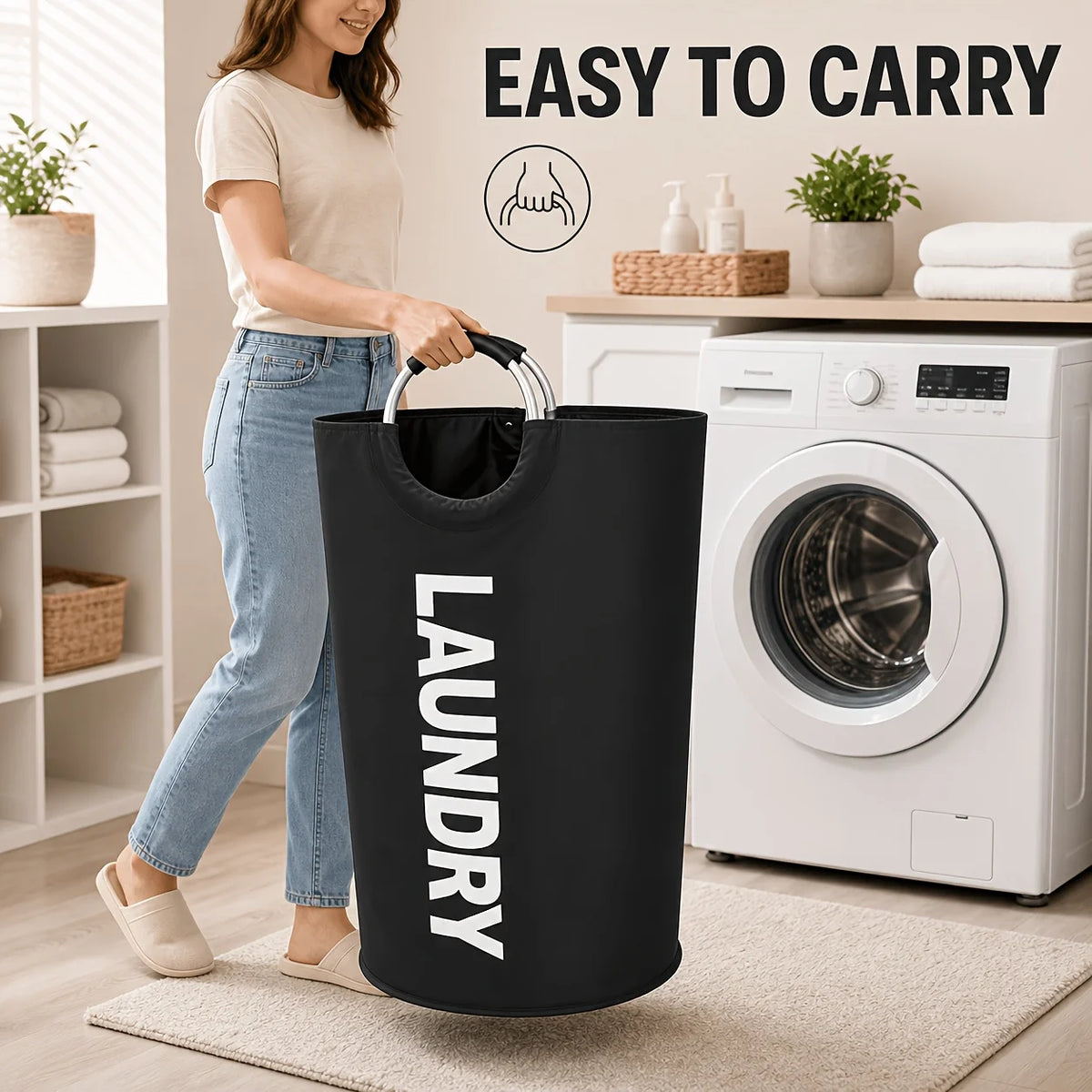 A woman is carrying a black laundry hamper with a handle and hanging rod in a modern home setting.