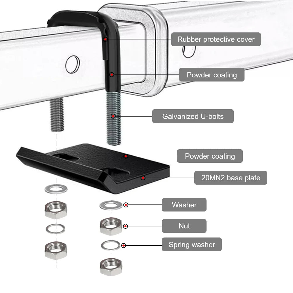 Diagram showing components of a heavy duty anti-rattle hitch tightener clamp for 2-inch trailers, including bolts and plates.