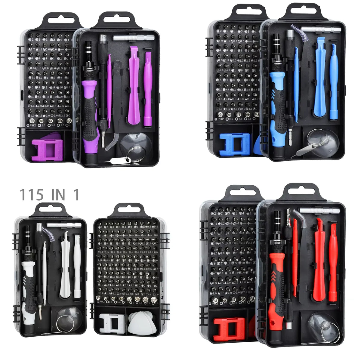 A collection of 115 precision screwdriver bits and tools in various colors including black, purple, pink, blue, and red house