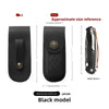 Black model handcrafted genuine leather folding knife case shown with front and back views