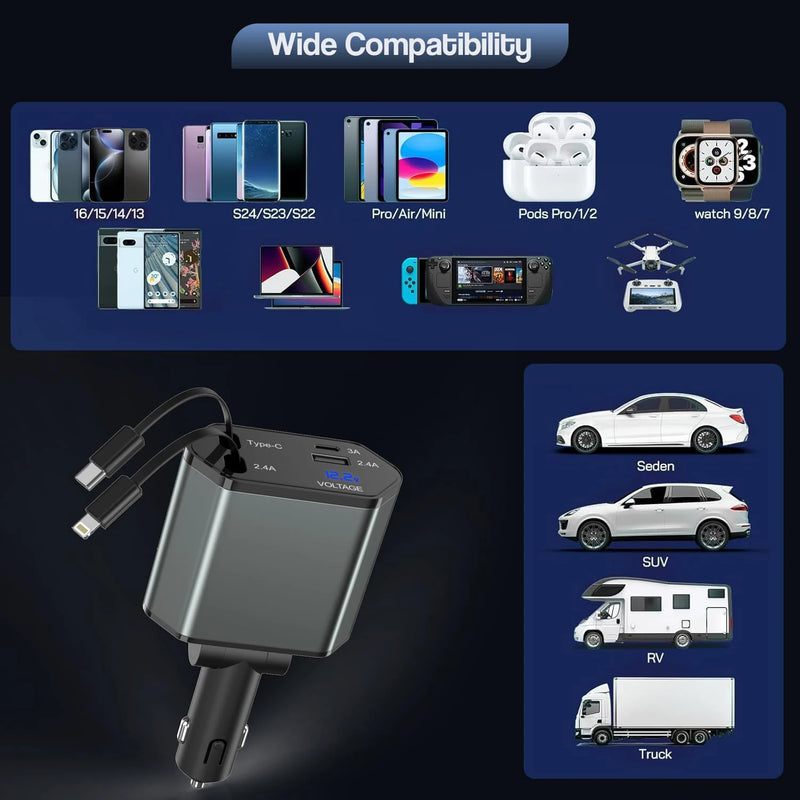 Cargador de coche retráctil de 66W con cables integrados