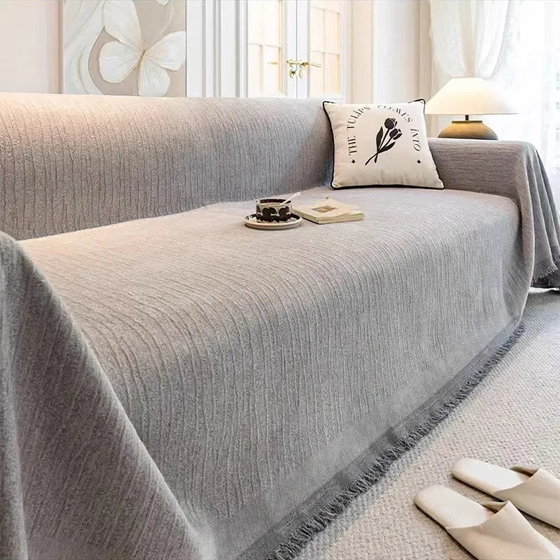 Thick Chenille Sofa Cover with Tassel Fringe — Scratch Resistant & Reversible