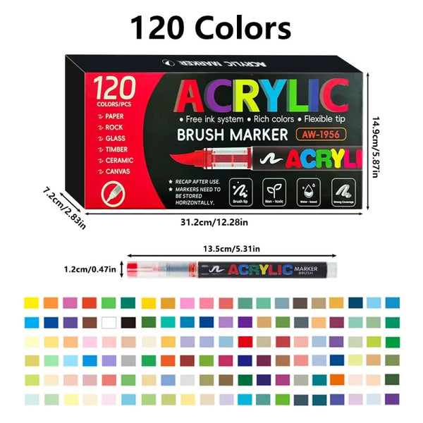 Una caja de 120 colores de marcadores de pincel acrílico con puntas flexibles y un juego de pinceles de color.