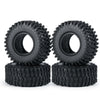 A pair of black rubber mud terrain tires for Axial SCX24 and TRX4M