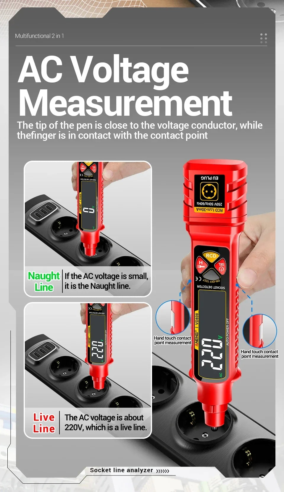 Socket Tester with AC/DC Voltage Detection and Polarity Check