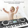 A black electronic piano is shown with a white key, featuring an LED display and microphone for children.