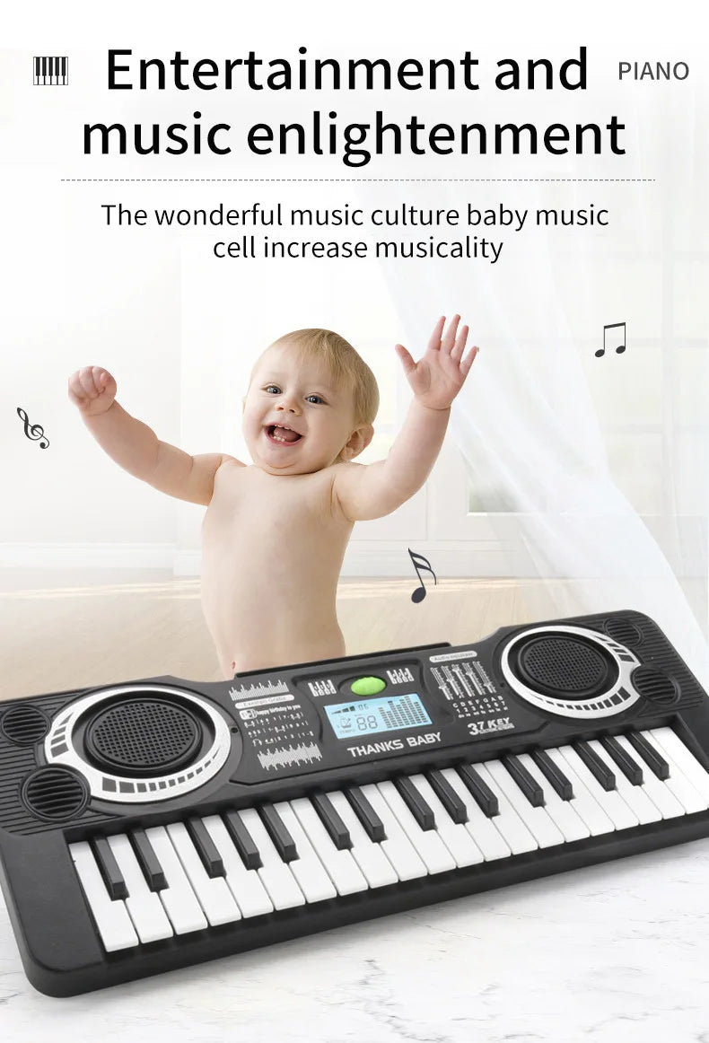 A black electronic piano is shown with a white key, featuring an LED display and microphone for children.