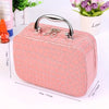 A pink faux leather portable sewing kit organizer with a handle, showing the dimensions.