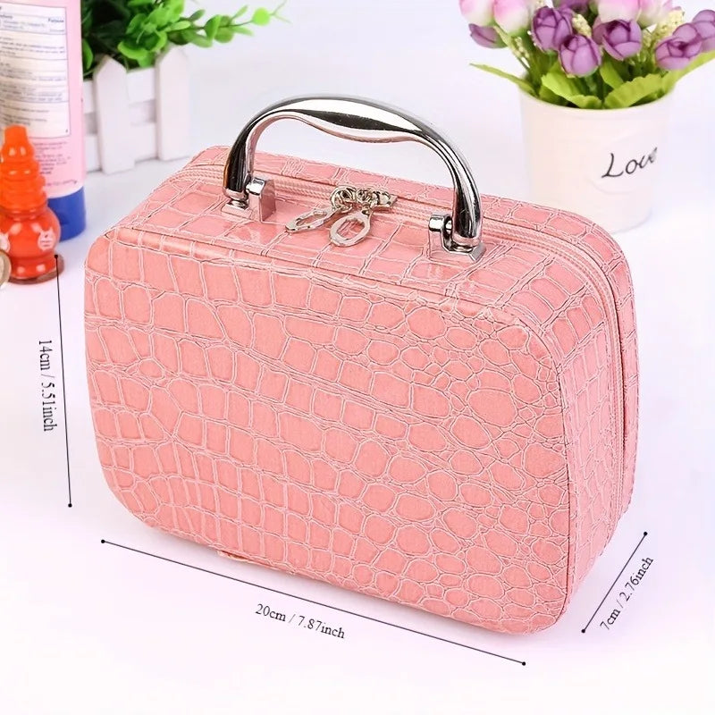 A pink faux leather portable sewing kit organizer with a handle, showing the dimensions.