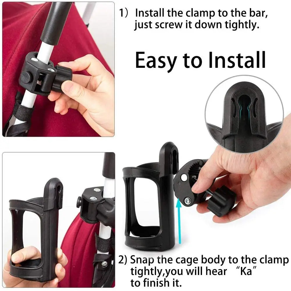 Installation guide showing how to install a clamp onto a bar and snap a cage body onto the clamp.