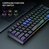 Nahaufnahme einer RGB-Gaming-Tastatur mit Funktionsschaltern und beleuchteten Tasten.