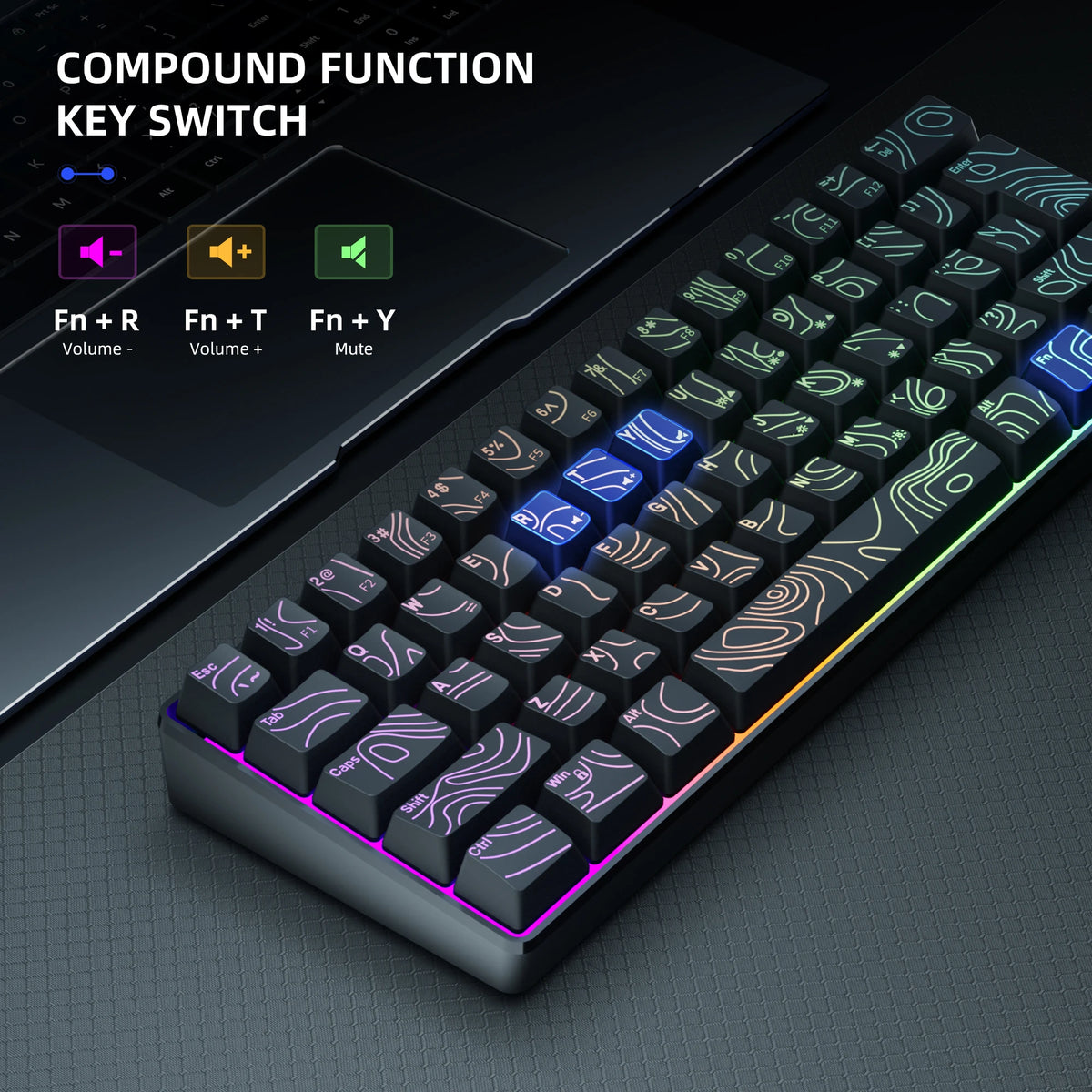 Nahaufnahme einer RGB-Gaming-Tastatur mit Funktionsschaltern und beleuchteten Tasten.