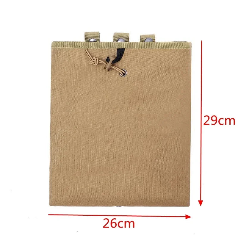 Tan tactical MOLLE dump pouch with drawstring closure and multiple attachment points