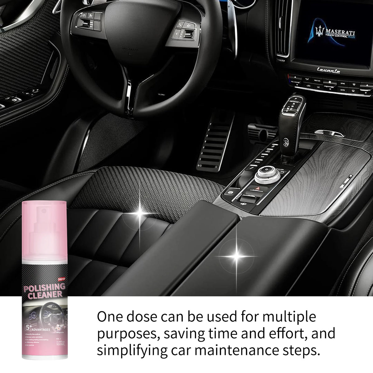 A bottle of polishing cleaner is shown in the context of a car interior, highlighting its use for simplifying car maintenance