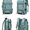 An angle display showing a teal laptop backpack from the front, side, and back views.