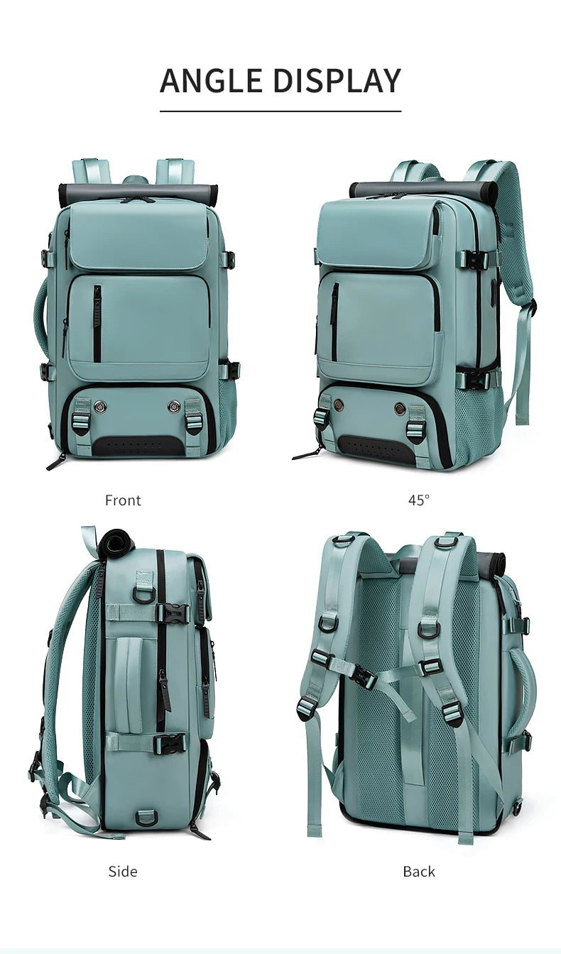 An angle display showing a teal laptop backpack from the front, side, and back views.