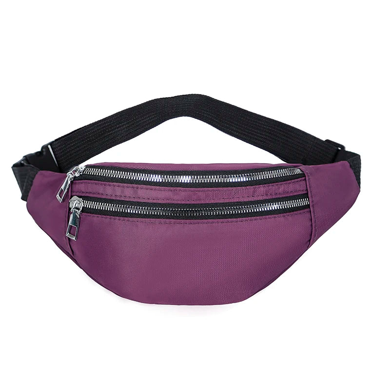 A purple nylon waist pack with a black adjustable strap and a zippered pocket.