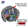 Gray velvet storage pouch with a custom top rope for easy carrying and eight holes for 300 dice.