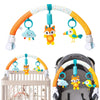 A baby stroller arch toy featuring hanging plush charms in orange, yellow, and blue colors.