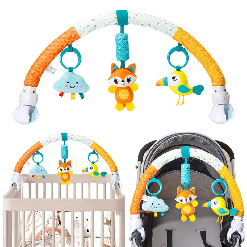 A baby stroller arch toy featuring hanging plush charms in orange, yellow, and blue colors.