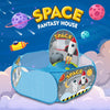 A colorful space fantasy house play tent featuring planets and rockets for children.