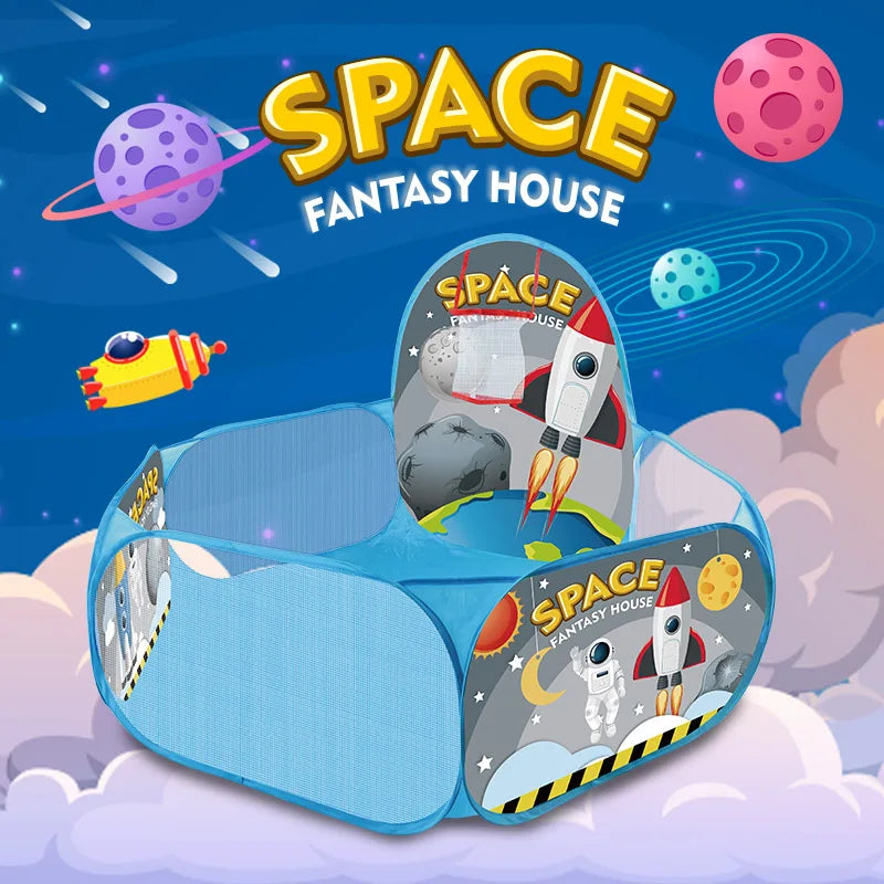 A colorful space fantasy house play tent featuring planets and rockets for children.