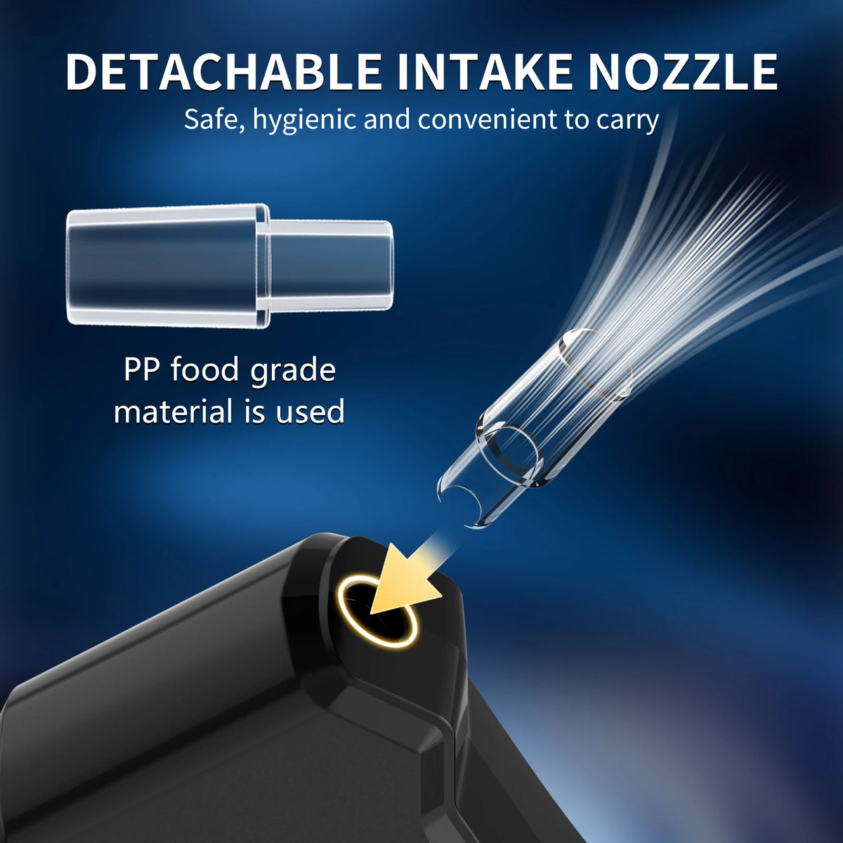 A detachable intake nozzle made of PP food grade material is shown being used on a device.