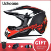 Black and orange Uchoose Spark Tiki full-face off-road helmet with included gift set.