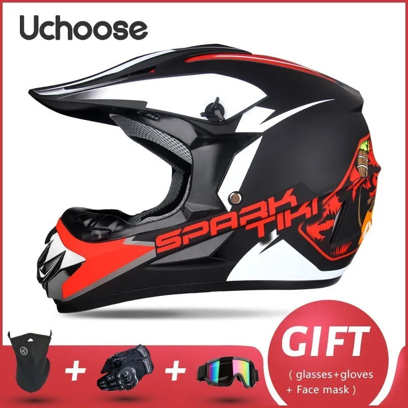 Black and orange Uchoose Spark Tiki full-face off-road helmet with included gift set.