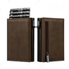 A brown leather pop-up wallet with a card holder and RFID blocking features.
