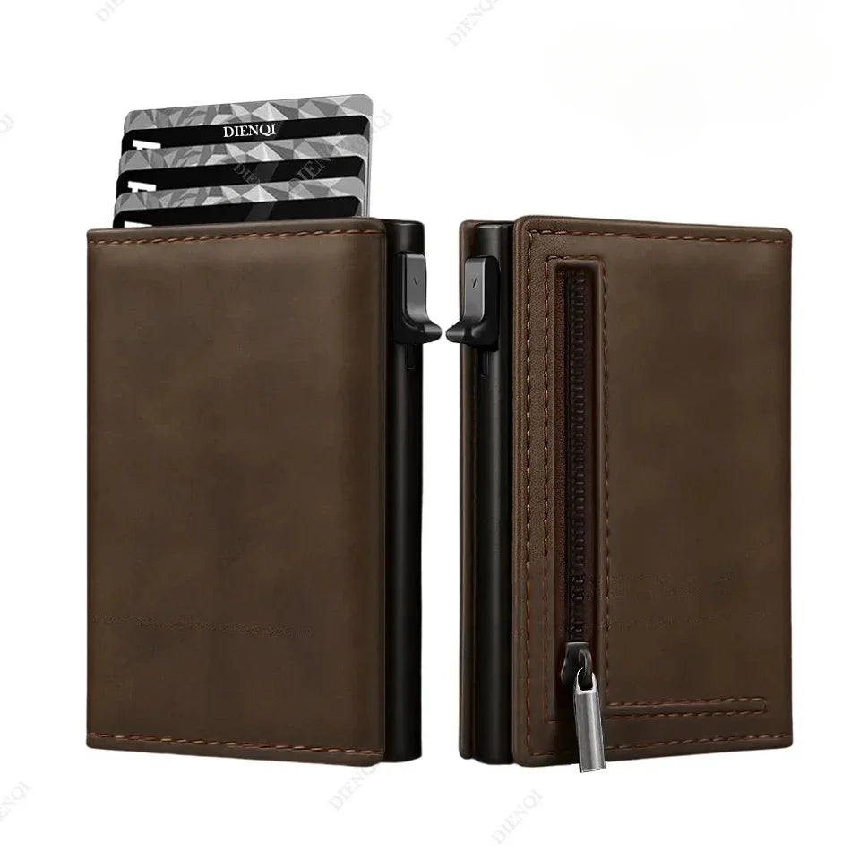 A brown leather pop-up wallet with a card holder and RFID blocking features.
